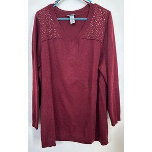 Catherines Rhinestone Beaded Sweater Shimmer Burgundy Red V Neck Sz 2X (22/24W)